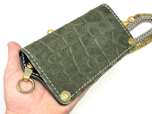 5G Long Biker Chain Wallet - Forrest Green Nubuck Alligator 3