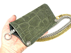 5G Long Biker Chain Wallet - Forrest Green Nubuck Alligator 4