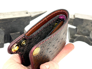 Mini Bifold Leather Chain Wallet - Antique Saddle Quill Ostrich