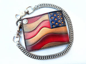 Hand Stained Bifold Leather Chain Wallet - Old Glory - Anvil Customs
