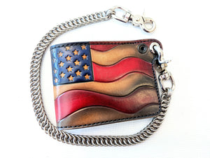 Hand Stained Bifold Leather Chain Wallet - Old Glory - Anvil Customs