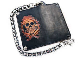 Hand Stained Long Biker Leather Chain Wallet - Cholo Skull - Anvil Customs
