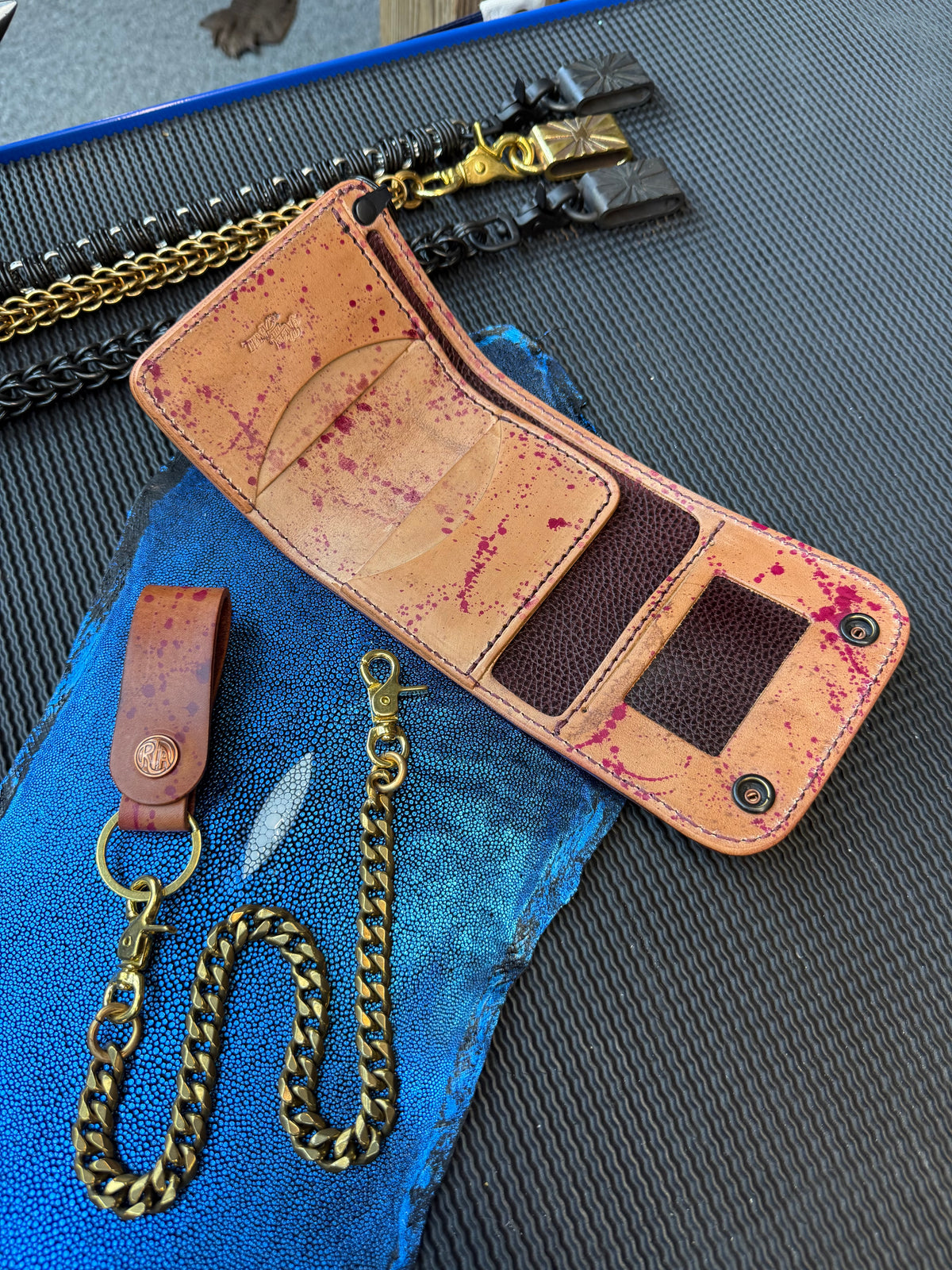 Trifold Leather Chain Wallet - Oxblood Splatter