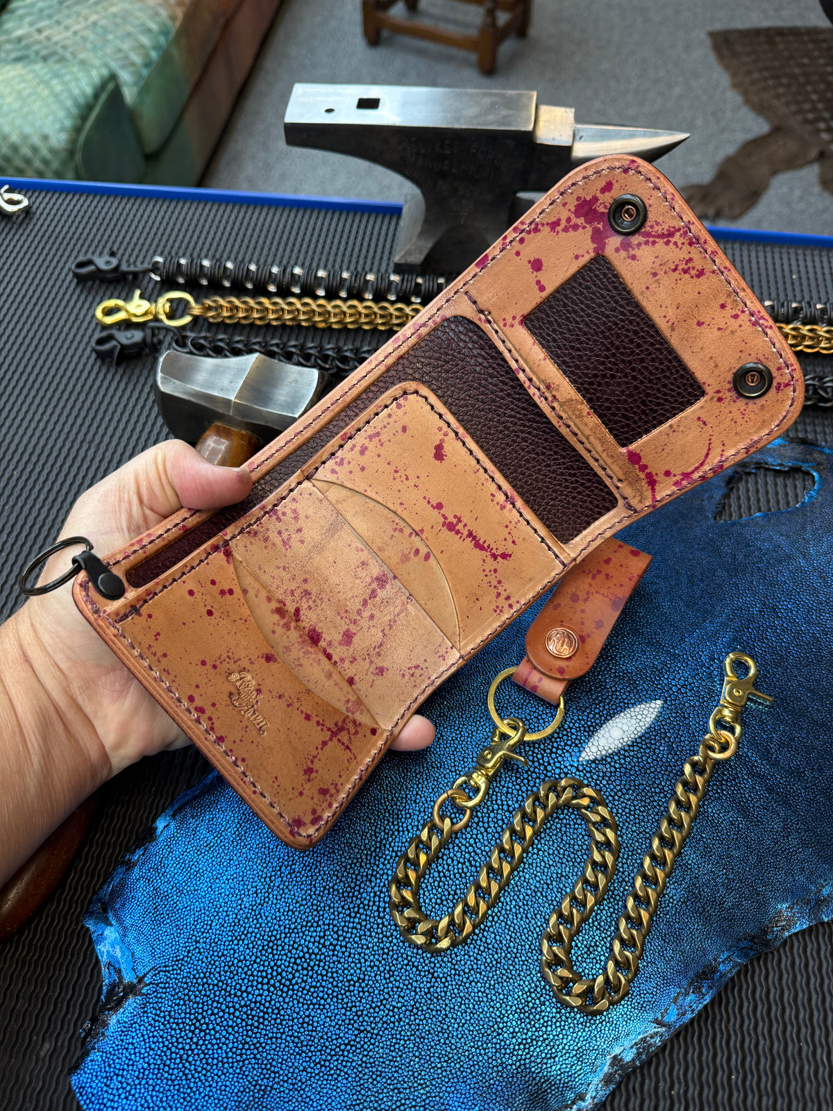 Trifold Leather Chain Wallet - Oxblood Splatter