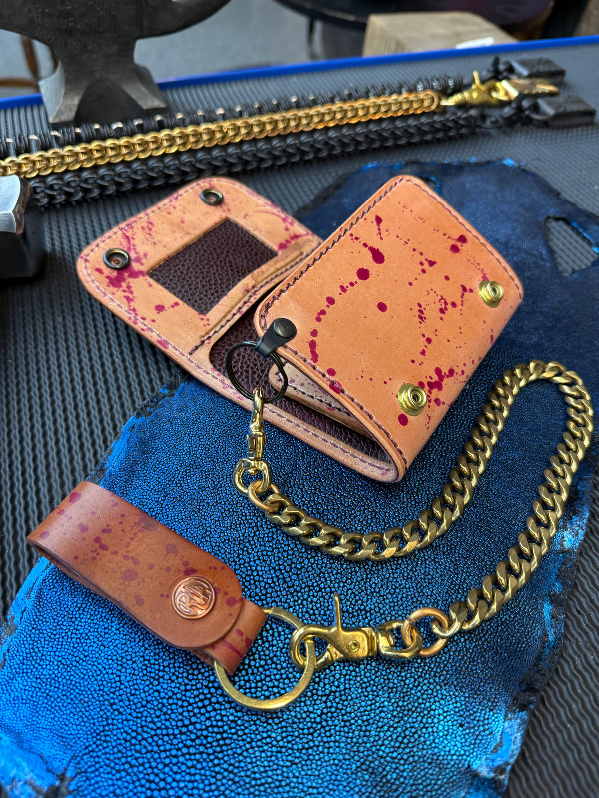 Trifold Leather Chain Wallet - Oxblood Splatter