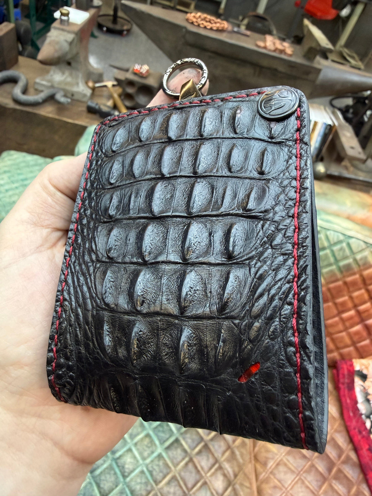 5G Bifold Leather Chain Wallet - Black Hornback Alligator