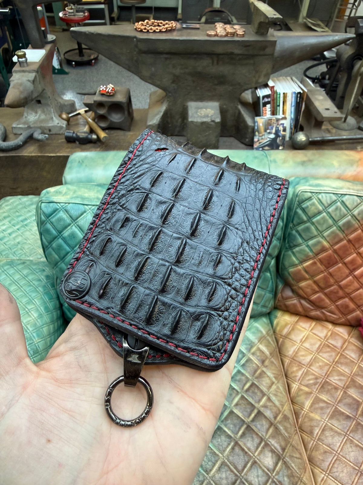 5G Bifold Leather Chain Wallet - Black Hornback Alligator