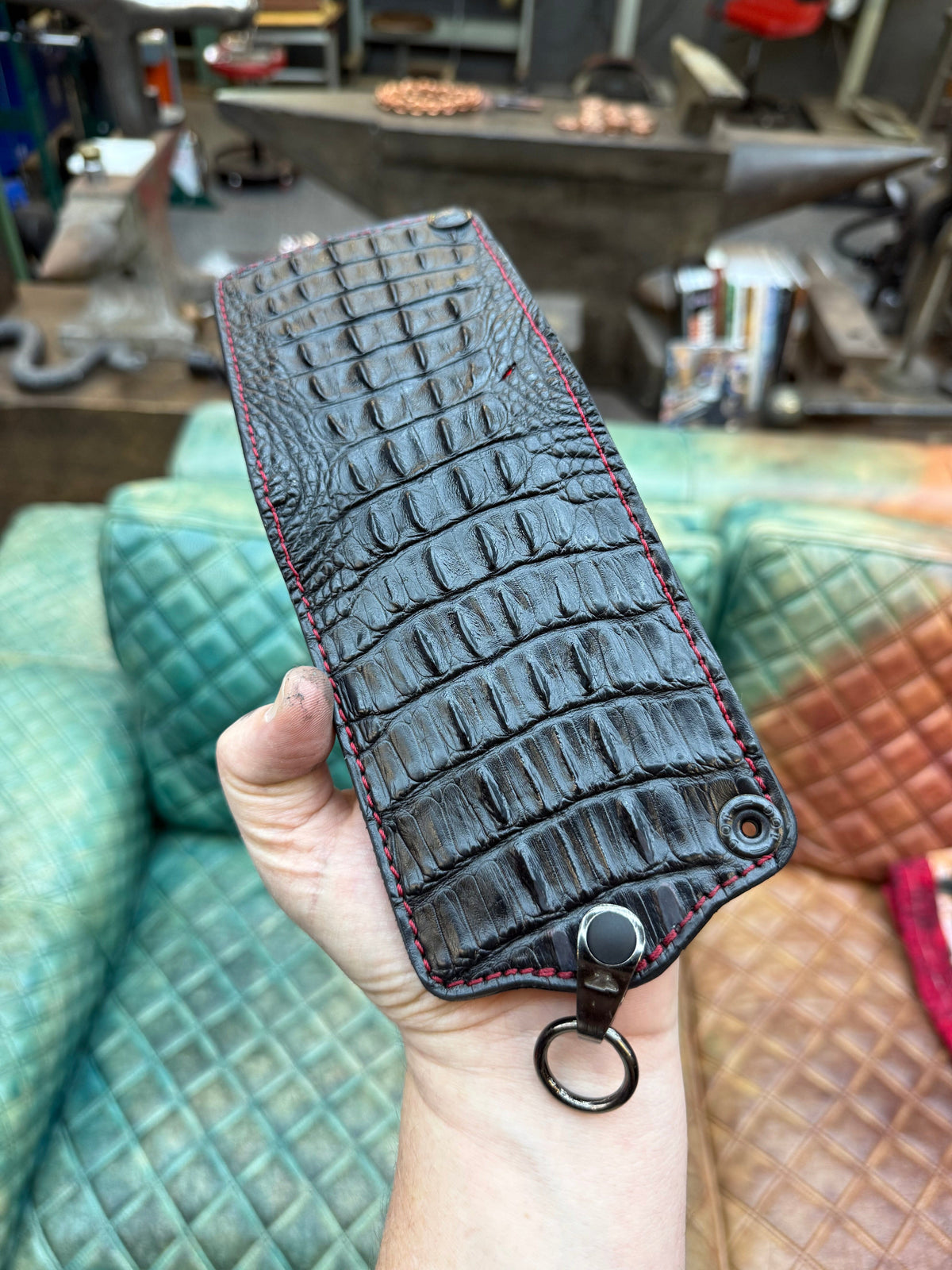 5G Bifold Leather Chain Wallet - Black Hornback Alligator
