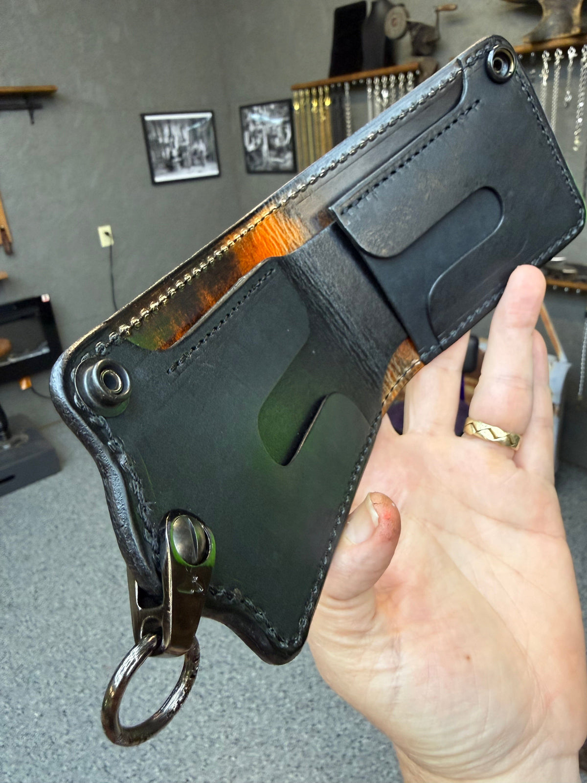 5G Bifold Leather Chain Wallet - Orange Black Python