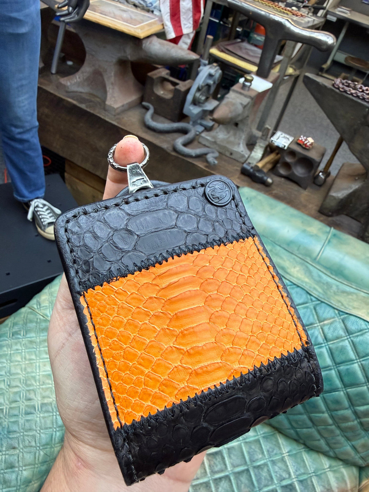 5G Bifold Leather Chain Wallet - Orange Black Python
