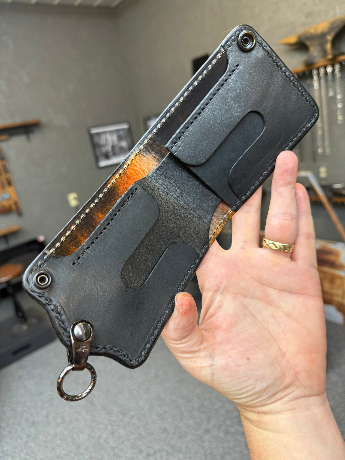 5G Bifold Leather Chain Wallet - Orange Black Python