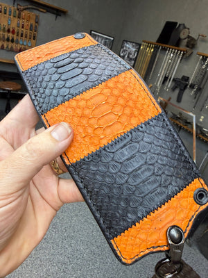 5G Bifold Leather Chain Wallet - Orange Black Python