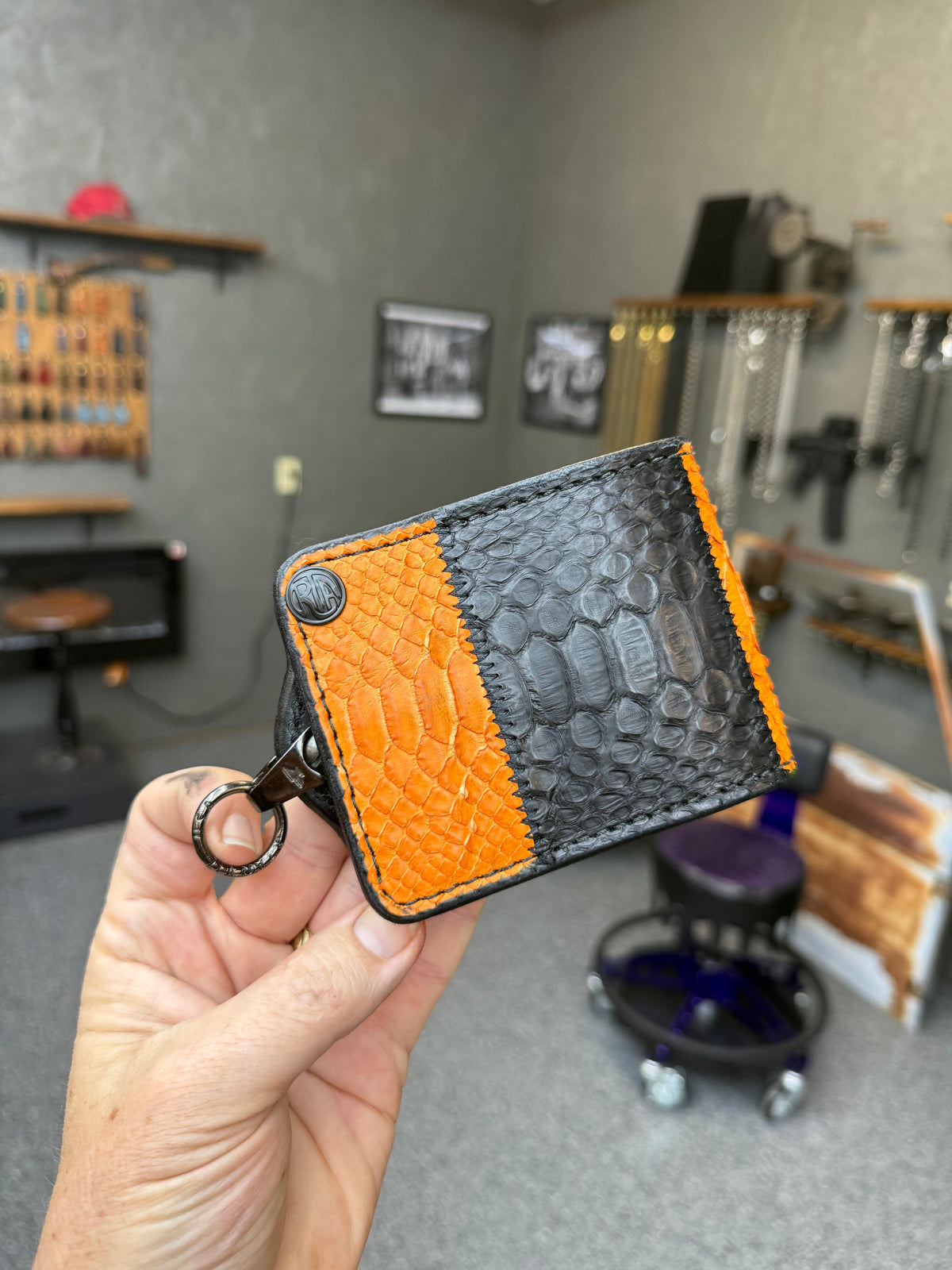 5G Bifold Leather Chain Wallet - Orange Black Python