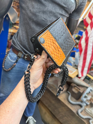 5G Bifold Leather Chain Wallet - Orange Black Python