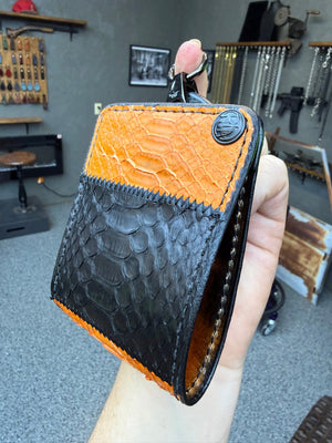 5G Bifold Leather Chain Wallet - Orange Black Python