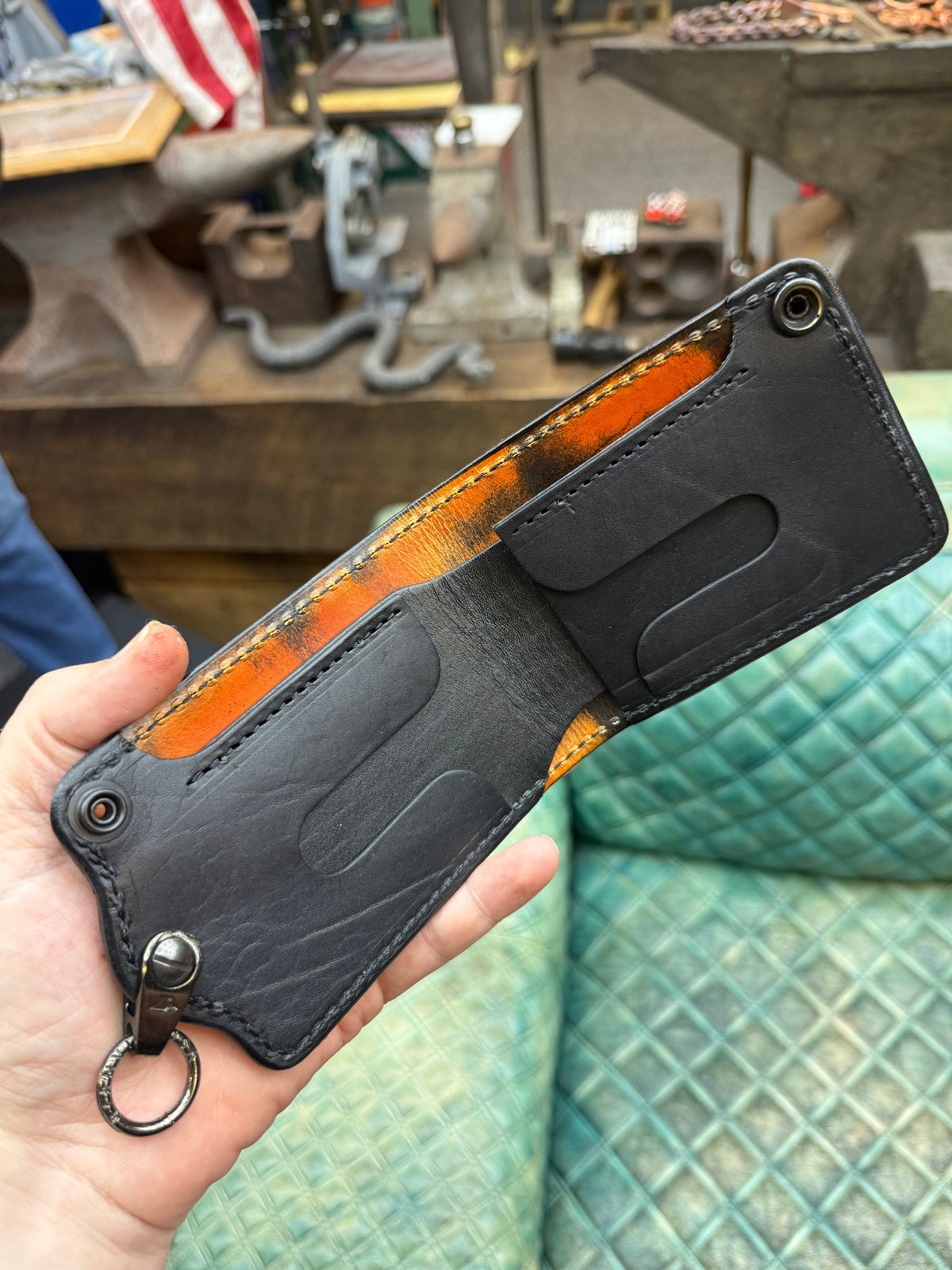 5G Bifold Leather Chain Wallet - Orange Black Python