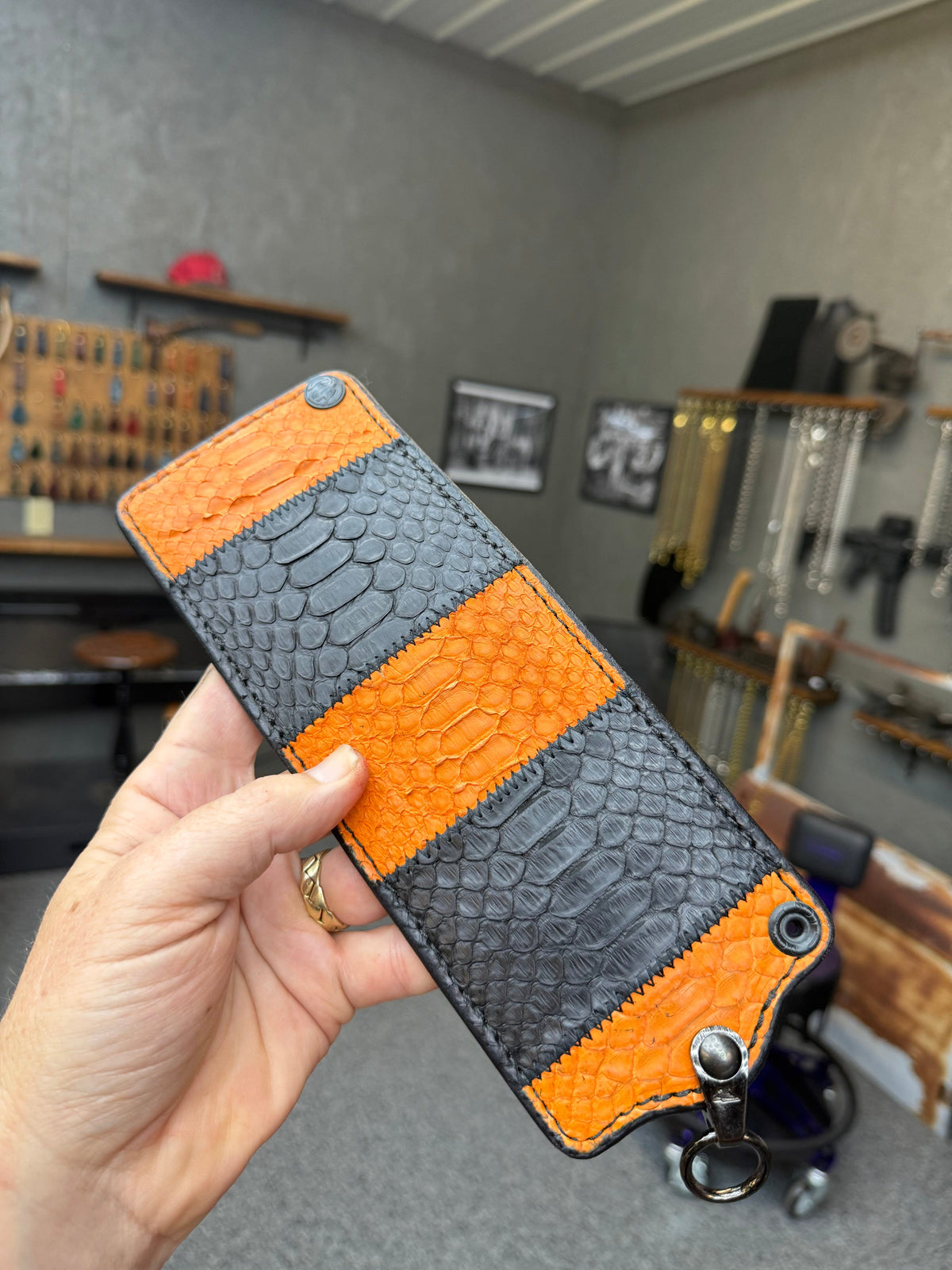 5G Bifold Leather Chain Wallet - Orange Black Python