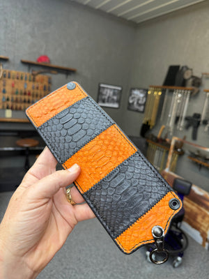 5G Bifold Leather Chain Wallet - Orange Black Python