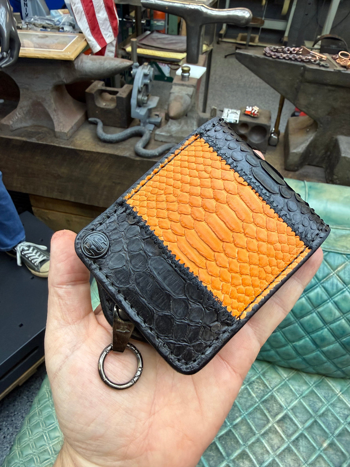 5G Bifold Leather Chain Wallet - Orange Black Python