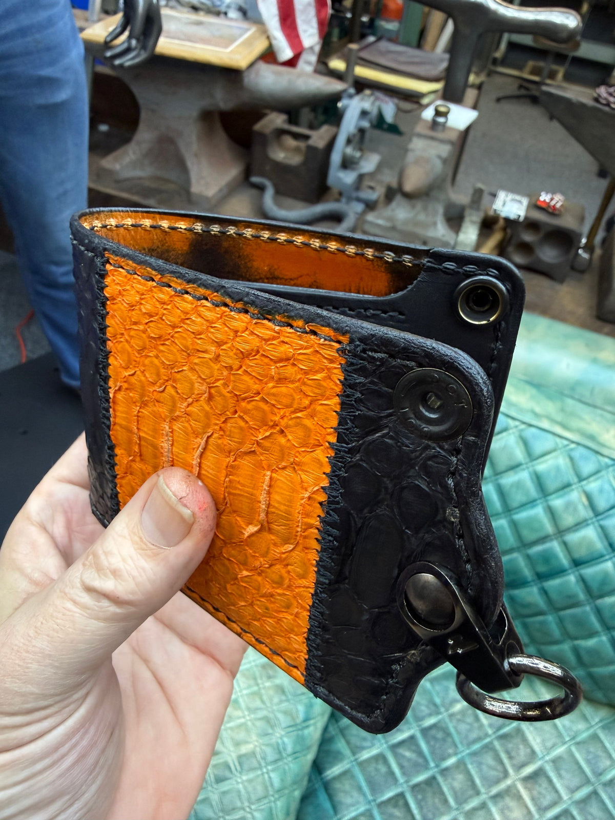 5G Bifold Leather Chain Wallet - Orange Black Python