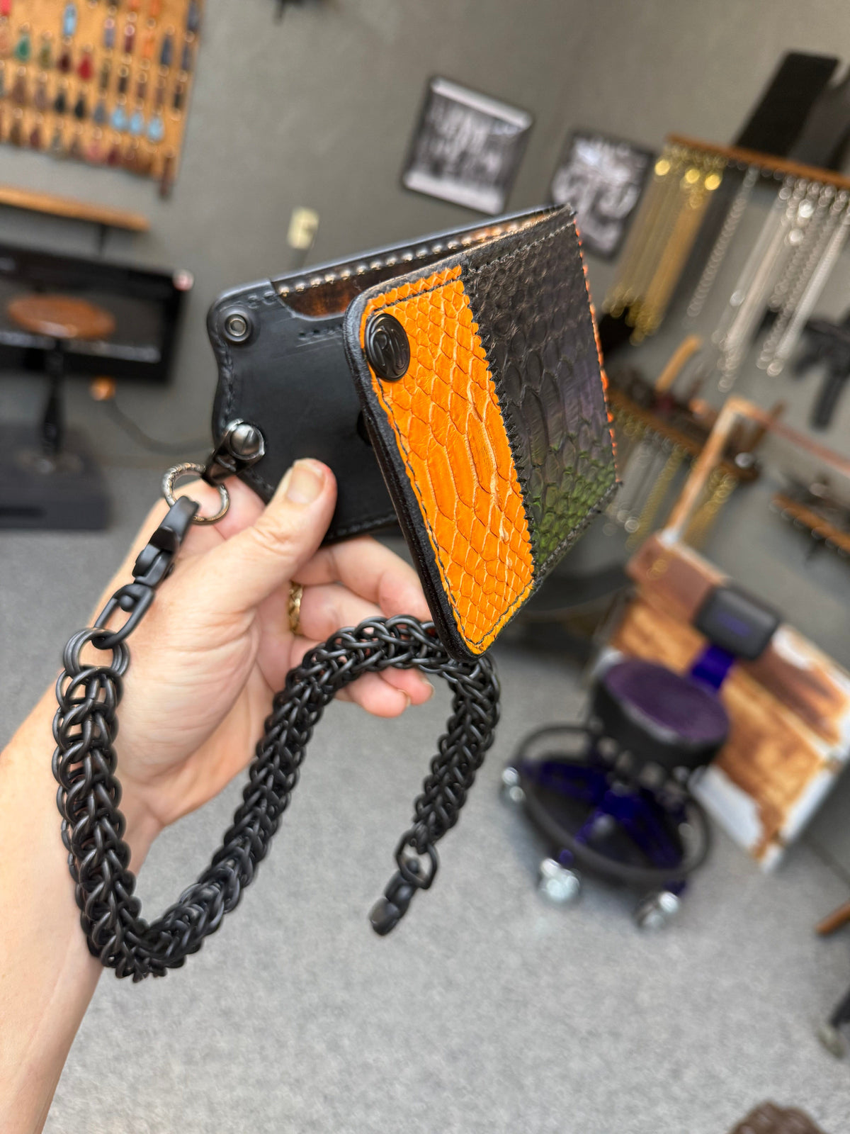 5G Bifold Leather Chain Wallet - Orange Black Python