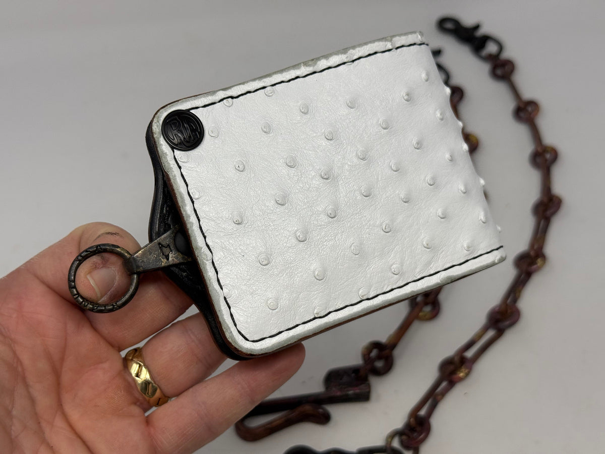 5G Bifold Leather Chain Wallet - White Ostrich