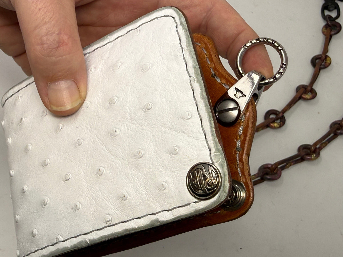 5G Bifold Leather Chain Wallet - White Ostrich