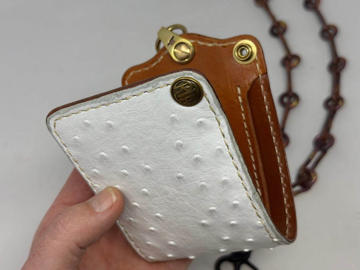 5G Bifold Leather Chain Wallet - White Ostrich