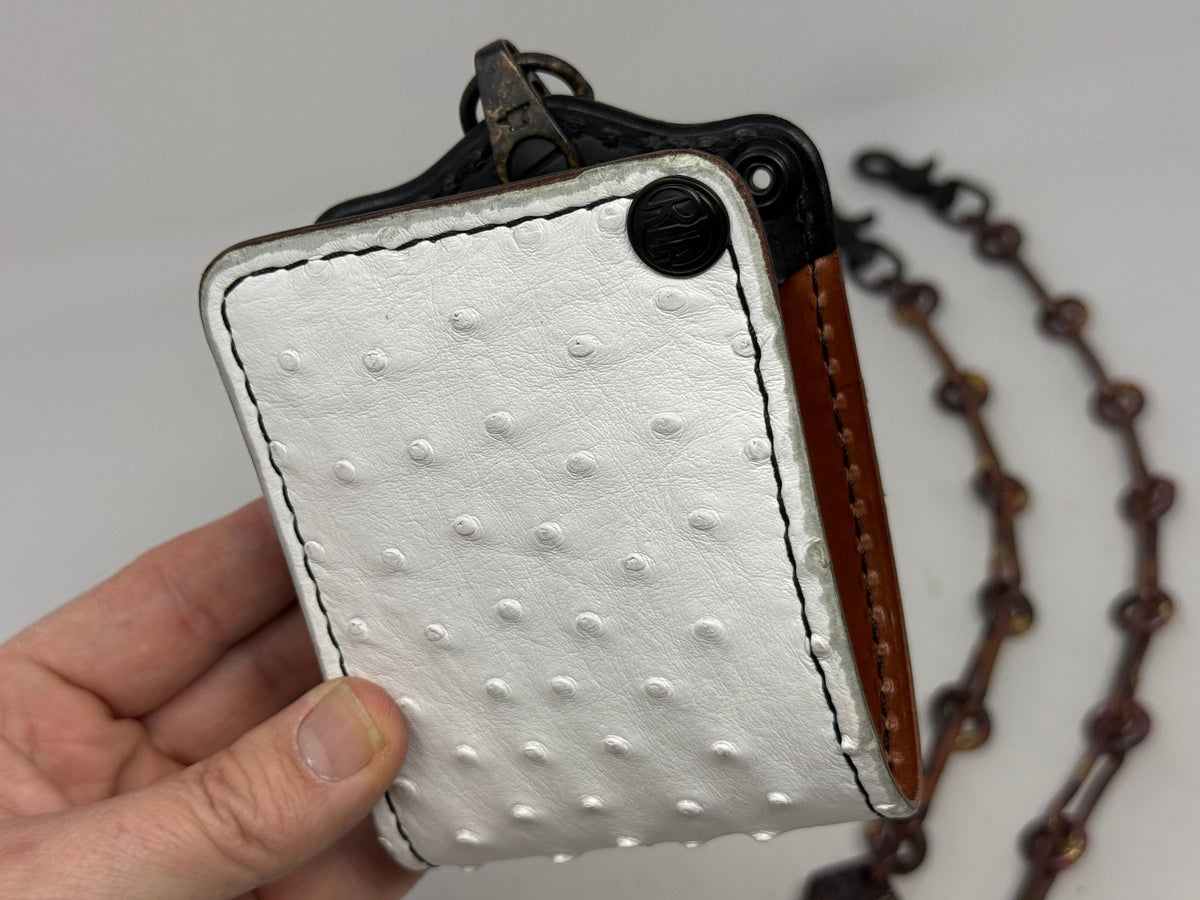 5G Bifold Leather Chain Wallet - White Ostrich