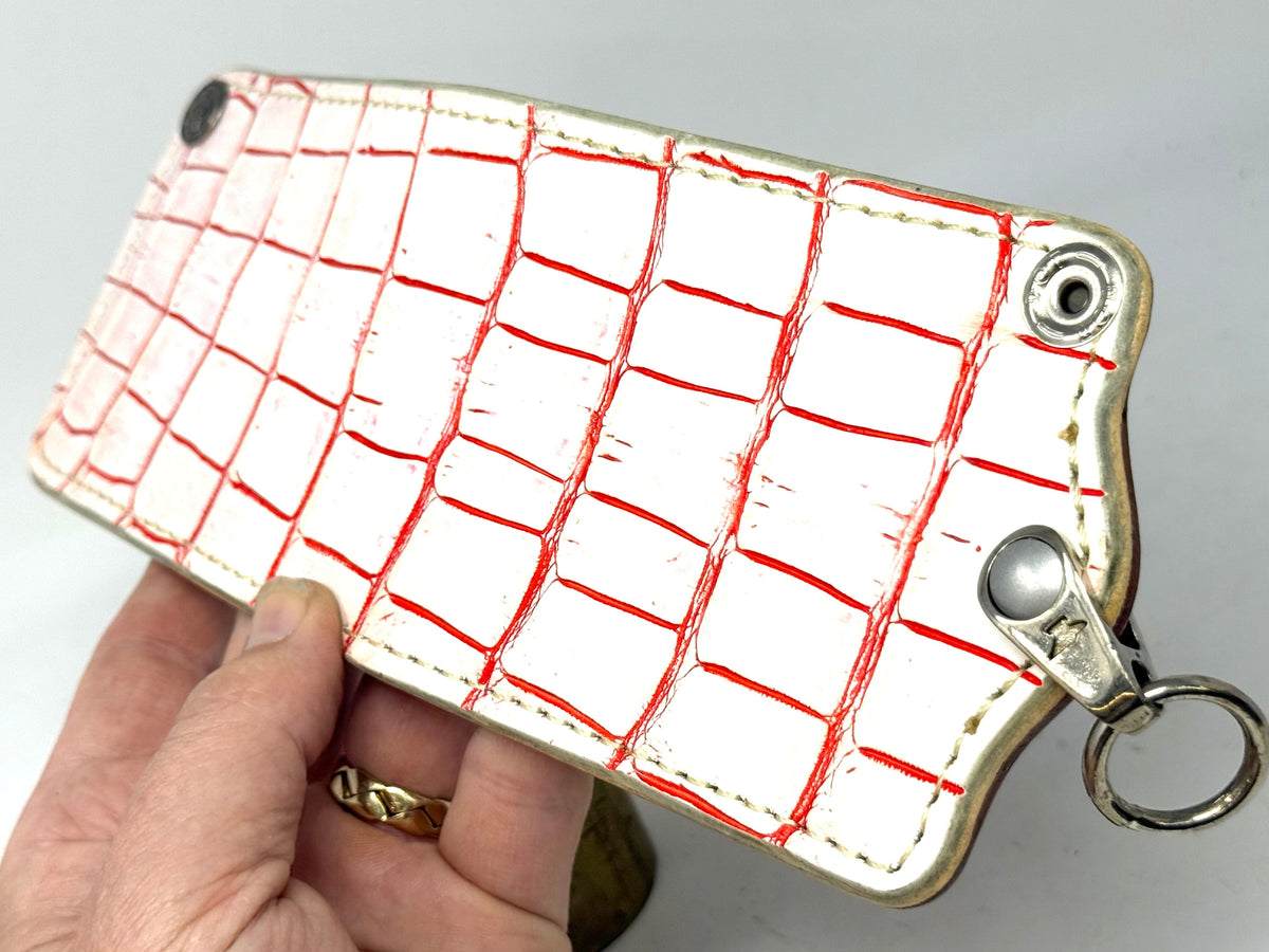 5G Bifold Leather Chain Wallet - White/Red Alligator