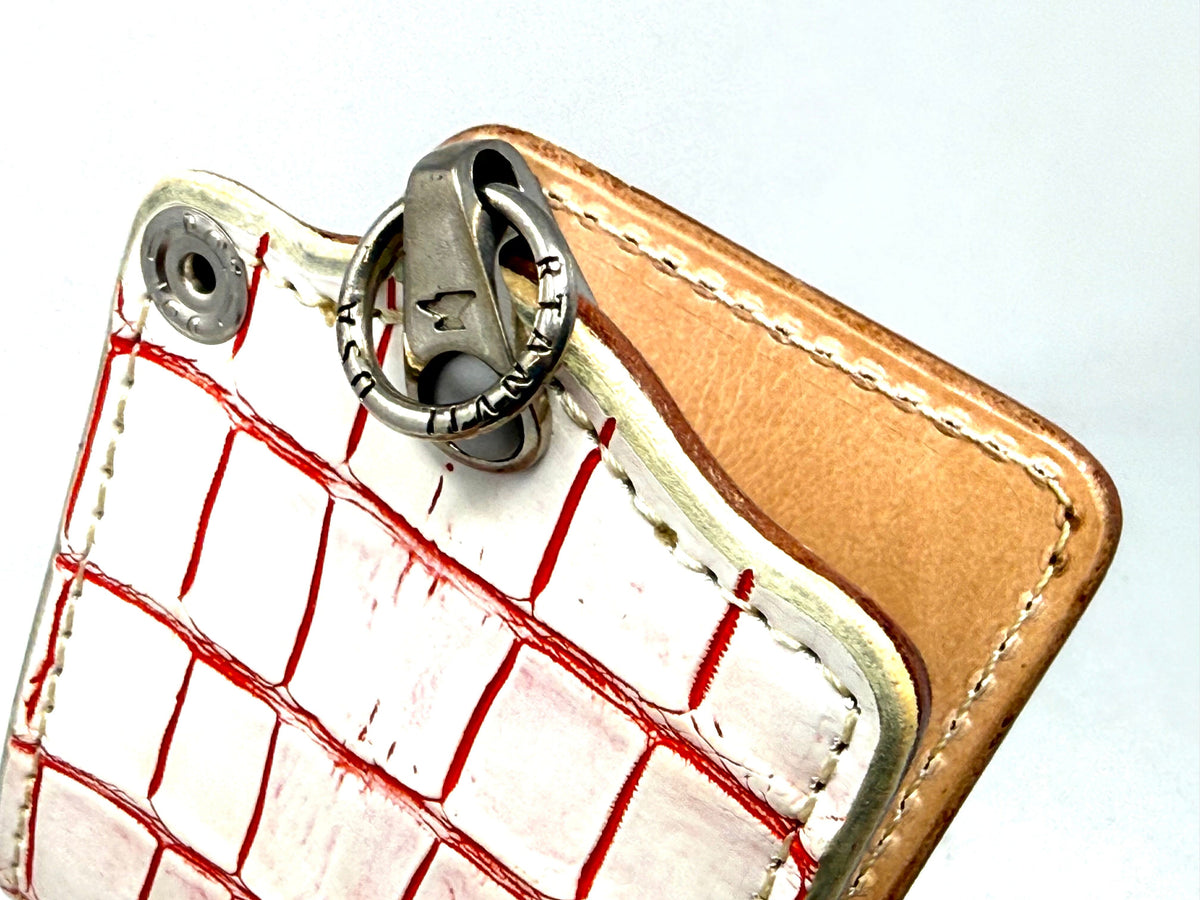 5G Bifold Leather Chain Wallet - White/Red Alligator