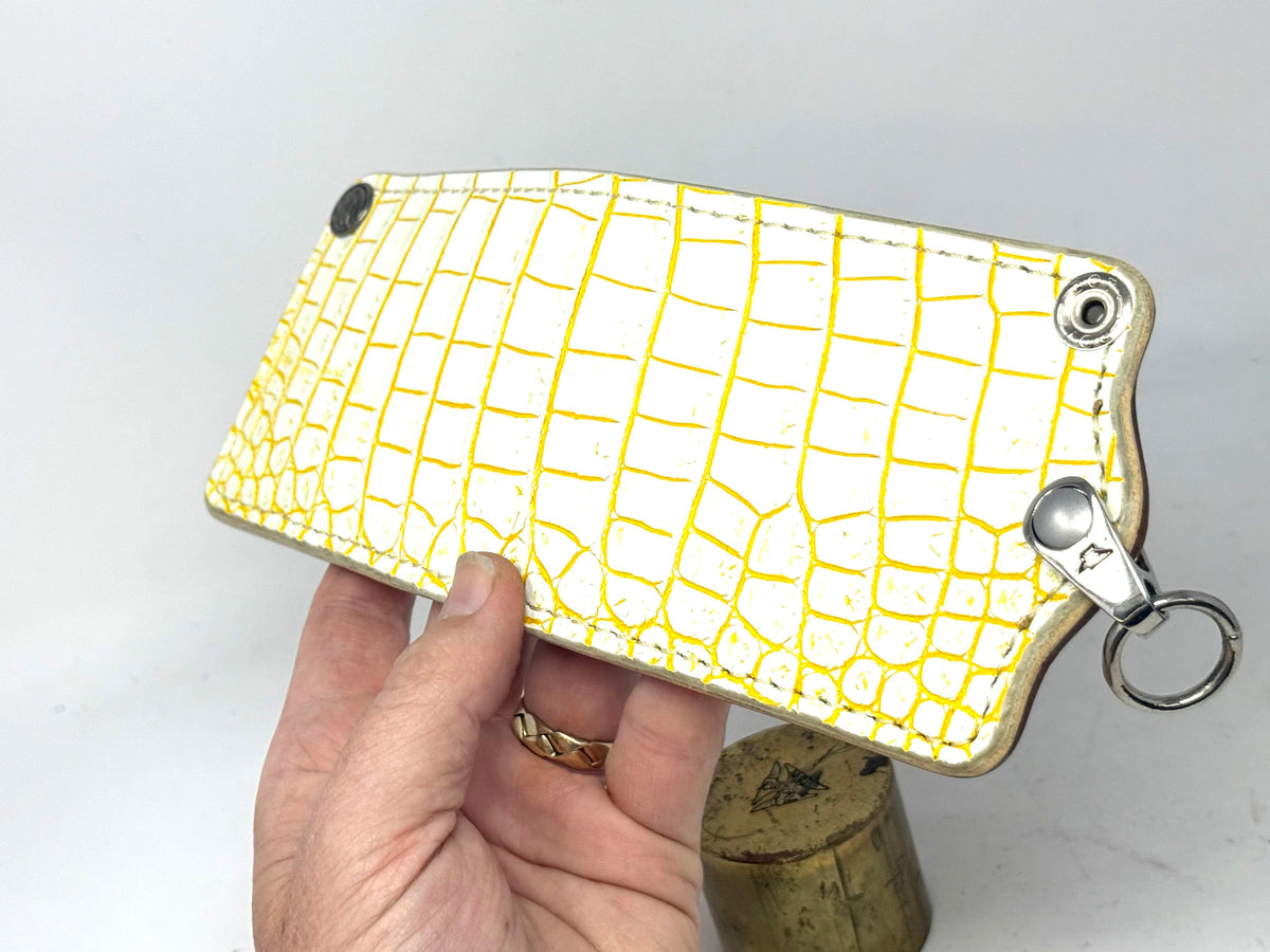 5G Bifold Leather Chain Wallet - White/Yellow Alligator