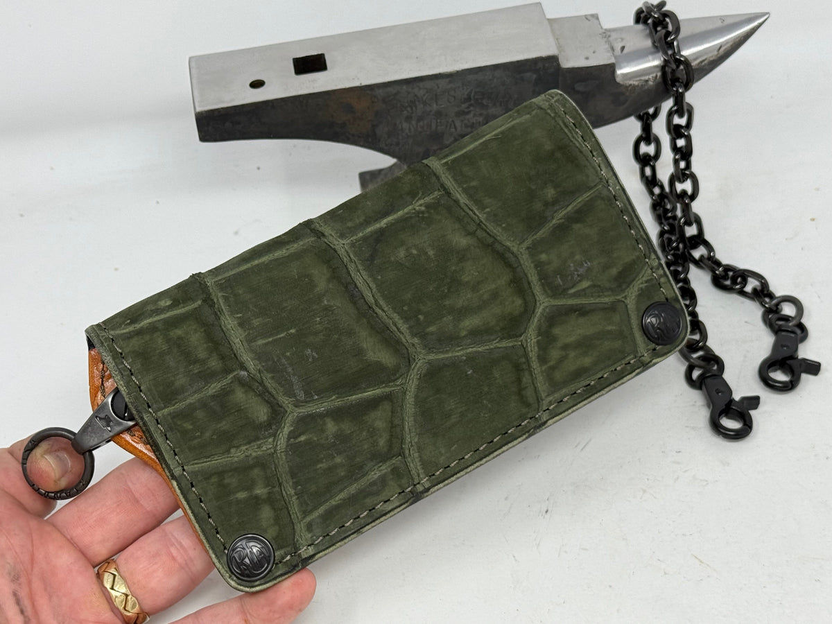 5G Long Biker Chain Wallet - Forrest Green Nubuck Alligator 2
