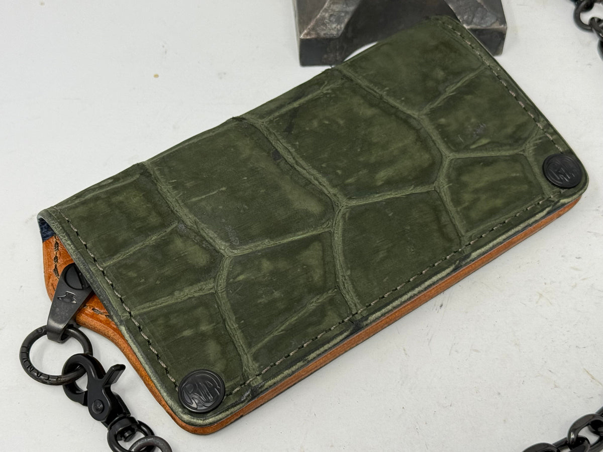 5G Long Biker Chain Wallet - Forrest Green Nubuck Alligator 2