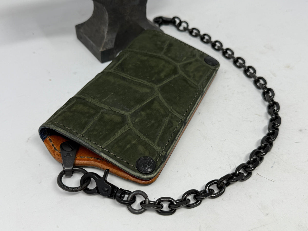 5G Long Biker Chain Wallet - Forrest Green Nubuck Alligator 2