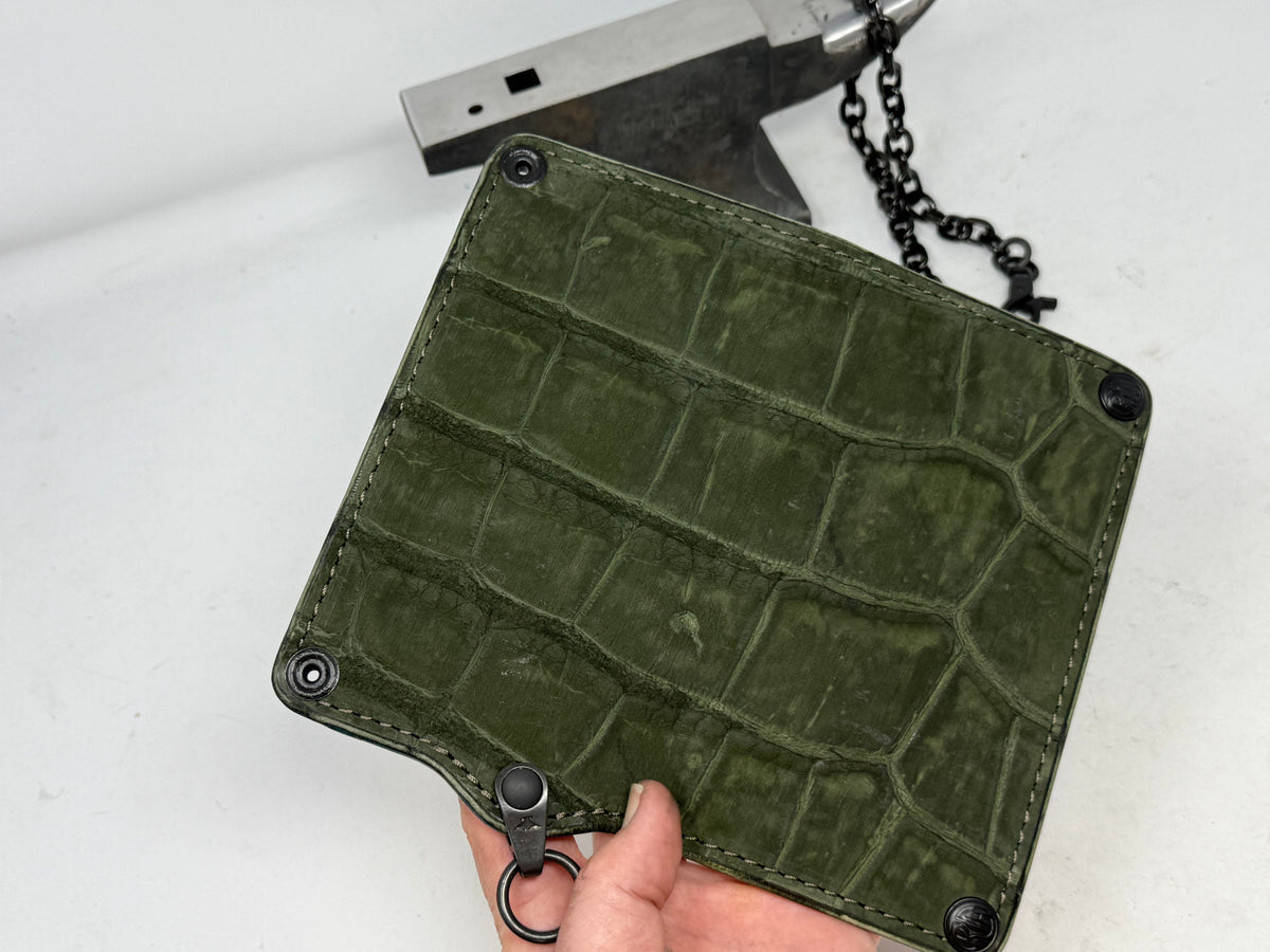 5G Long Biker Chain Wallet - Forrest Green Nubuck Alligator 2