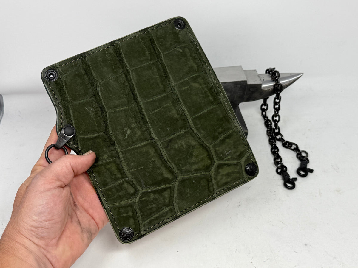 5G Long Biker Chain Wallet - Forrest Green Nubuck Alligator 2