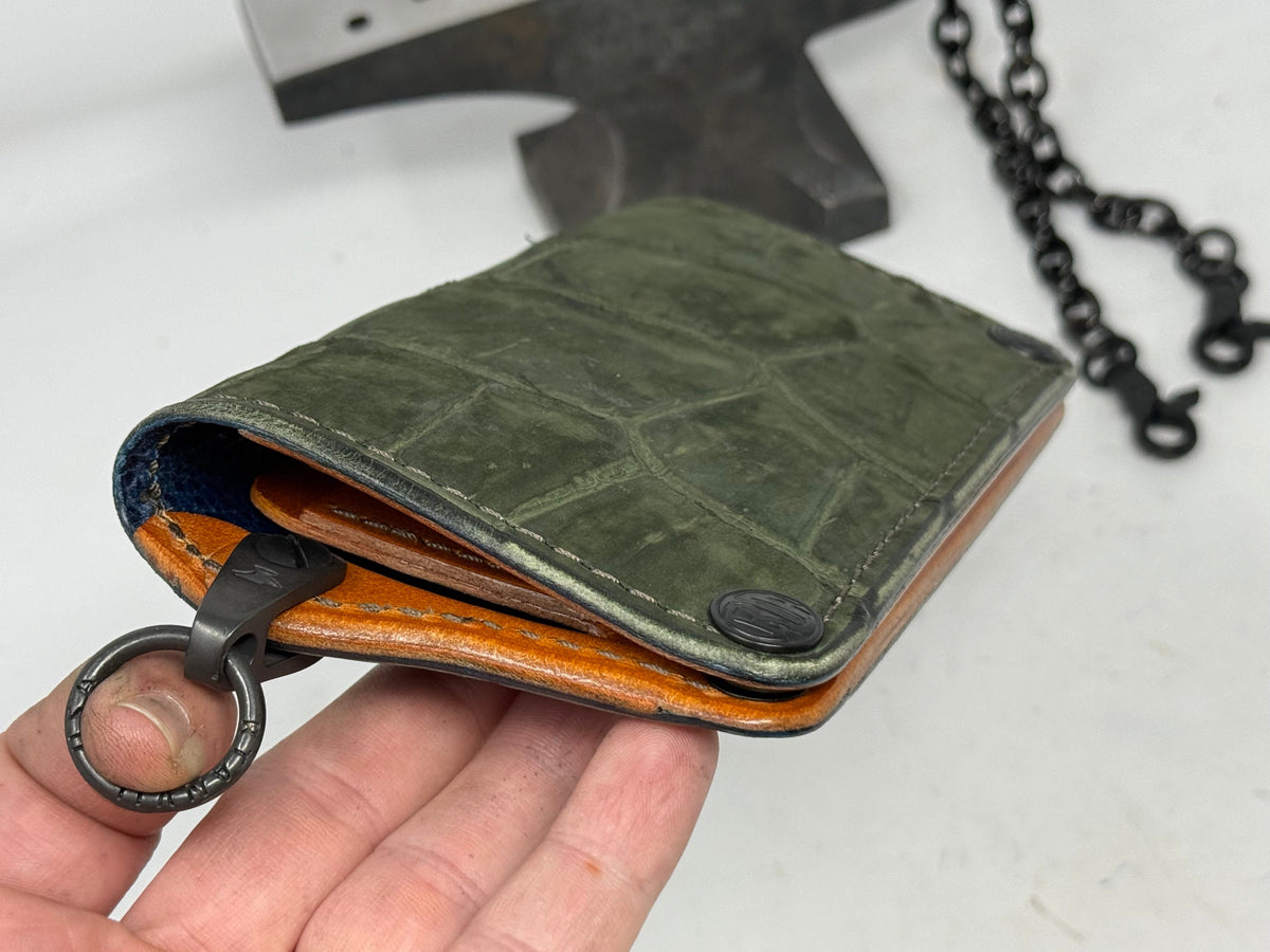 5G Long Biker Chain Wallet - Forrest Green Nubuck Alligator 2
