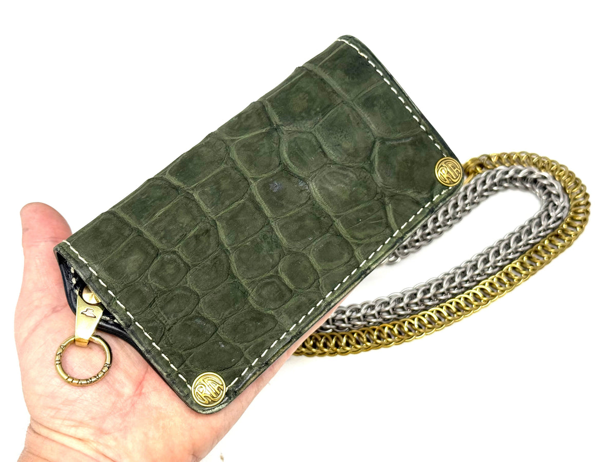 5G Long Biker Chain Wallet - Forrest Green Nubuck Alligator 3