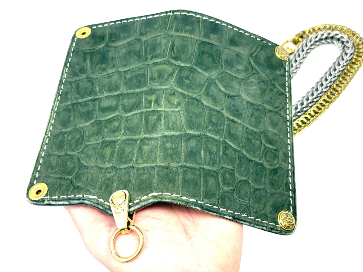 5G Long Biker Chain Wallet - Forrest Green Nubuck Alligator 3