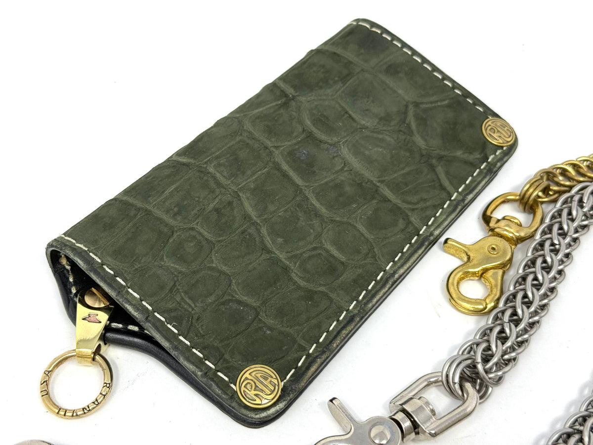5G Long Biker Chain Wallet - Forrest Green Nubuck Alligator 3