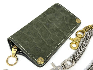 5G Long Biker Chain Wallet - Forrest Green Nubuck Alligator 3