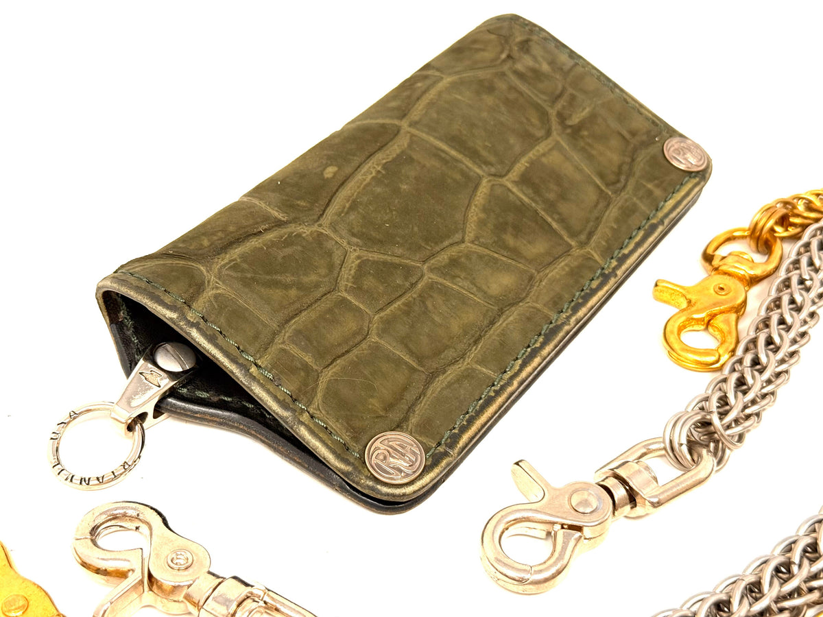 5G Long Biker Chain Wallet - Forrest Green Nubuck Alligator 4