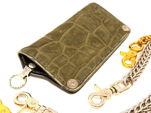 5G Long Biker Chain Wallet - Forrest Green Nubuck Alligator 4