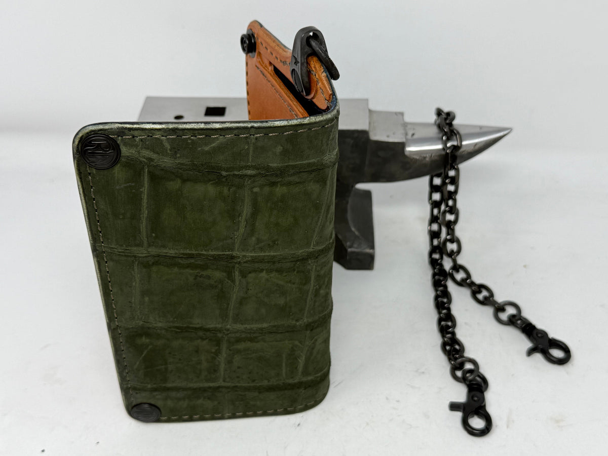 5G Long Biker Chain Wallet - Forrest Green Nubuck Alligator