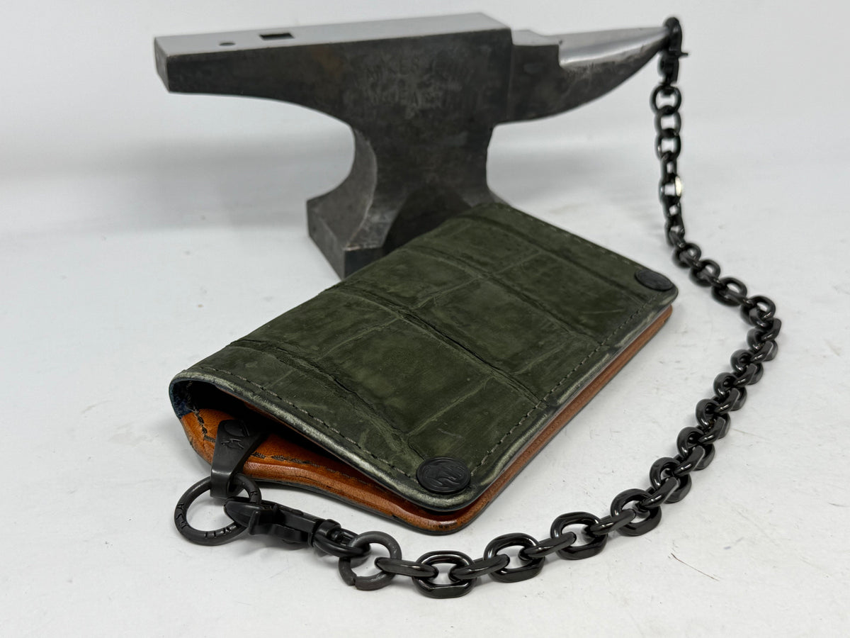 5G Long Biker Chain Wallet - Forrest Green Nubuck Alligator