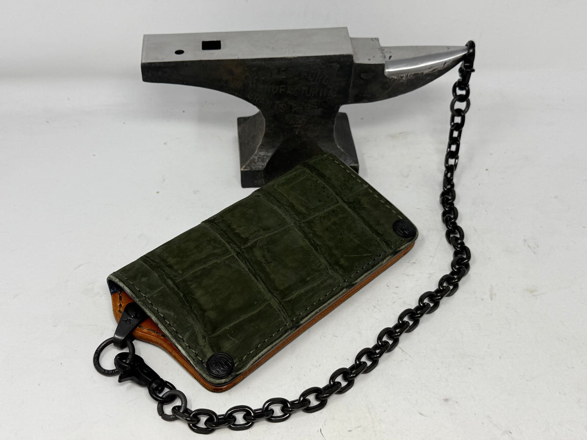 5G Long Biker Chain Wallet - Forrest Green Nubuck Alligator
