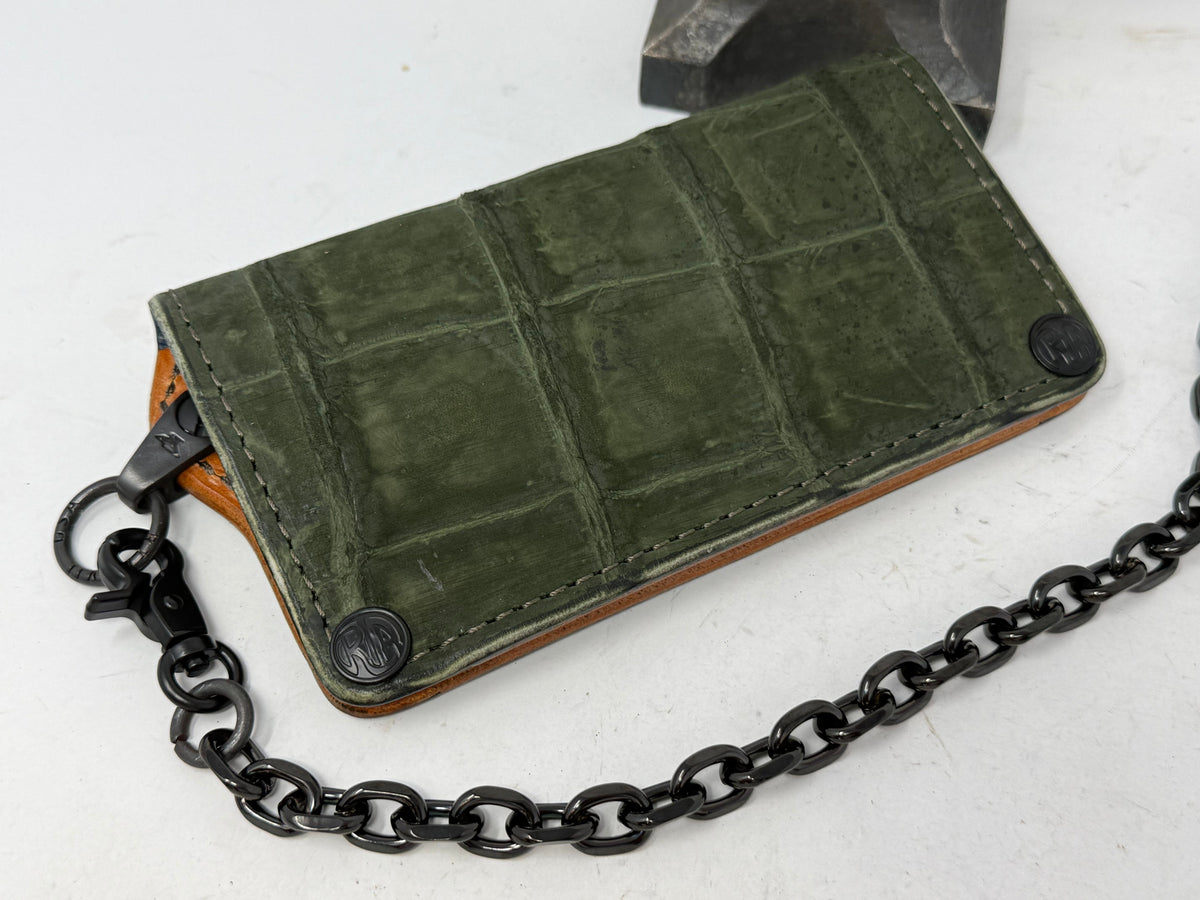 5G Long Biker Chain Wallet - Forrest Green Nubuck Alligator