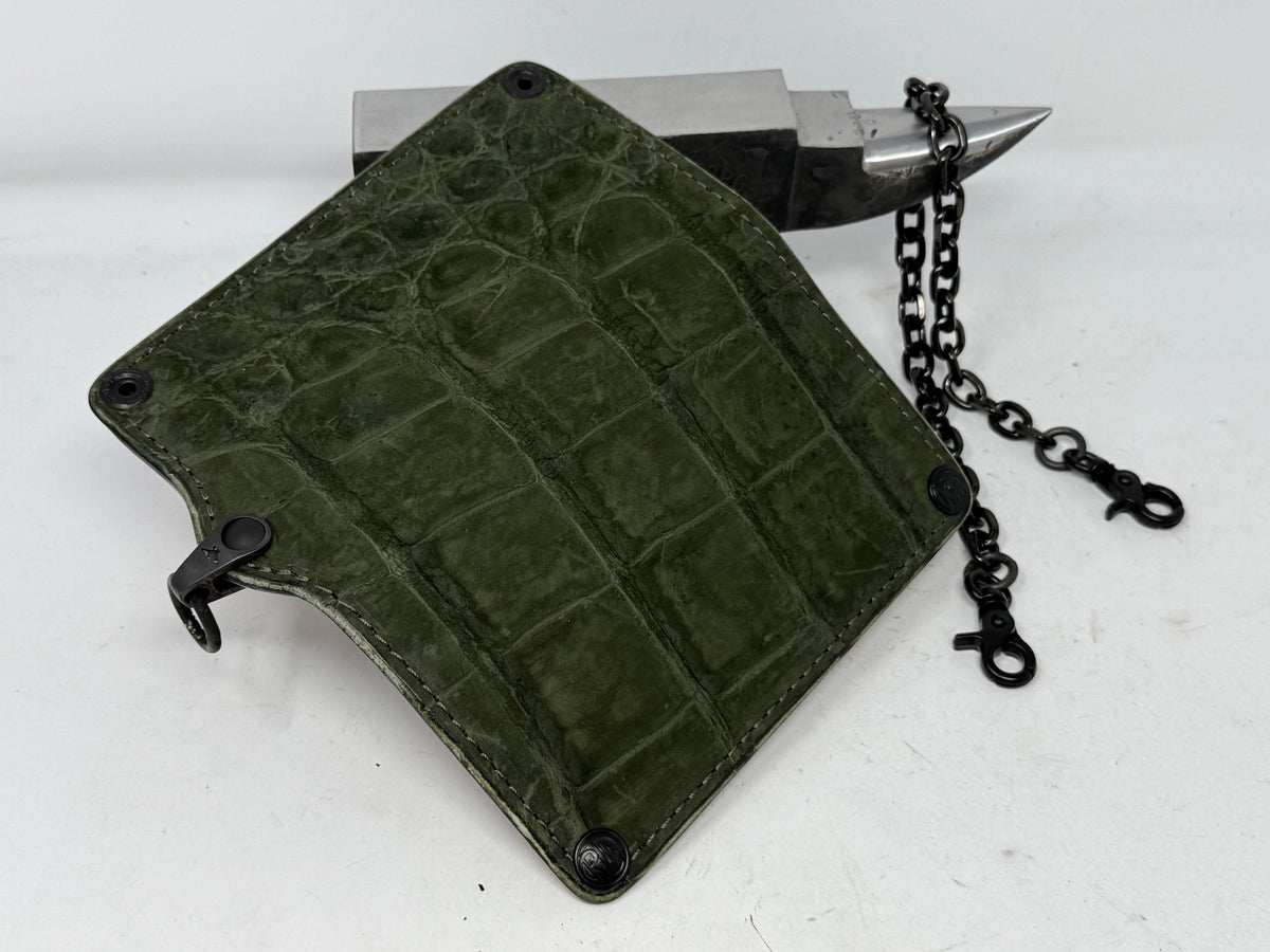 5G Long Biker Chain Wallet - Forrest Green Nubuck Alligator