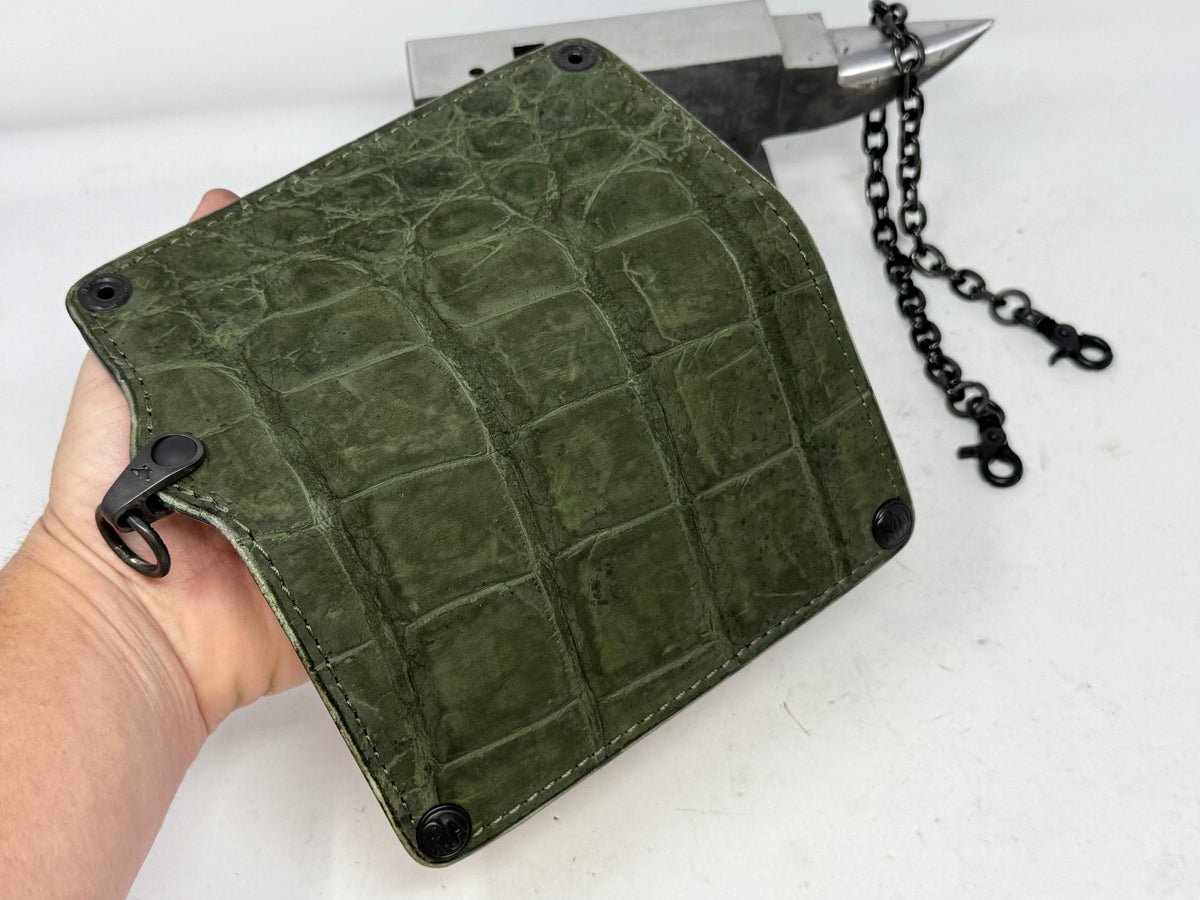 5G Long Biker Chain Wallet - Forrest Green Nubuck Alligator